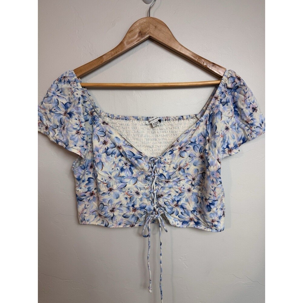 American Eagle Blue Floral Smocked Peasant Top Women's XL Cottagecore Boho